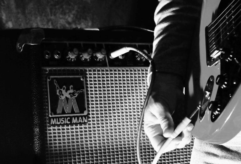 Music Man and Yellow Fender Stratocaster (in Black and White)